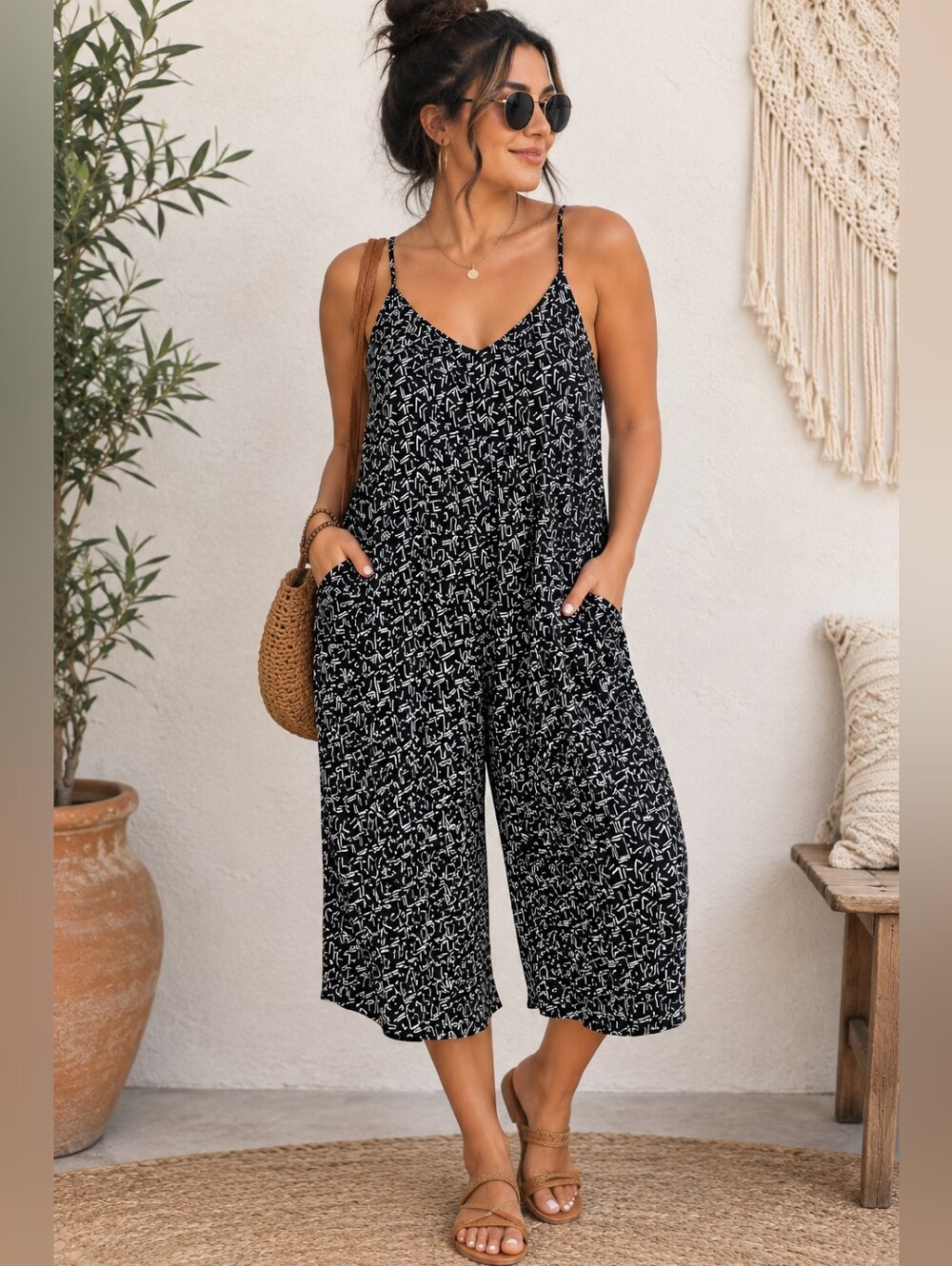 Millibon USA M Black White Abstract Geometric Wide Leg Cropped Jumpsuit Boho